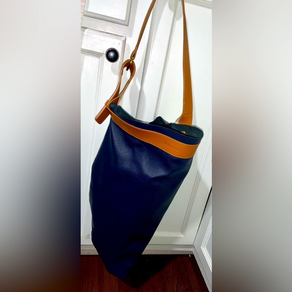 Nora Lozza leather Colombian quite luxury handbag navy tan boho classic $680